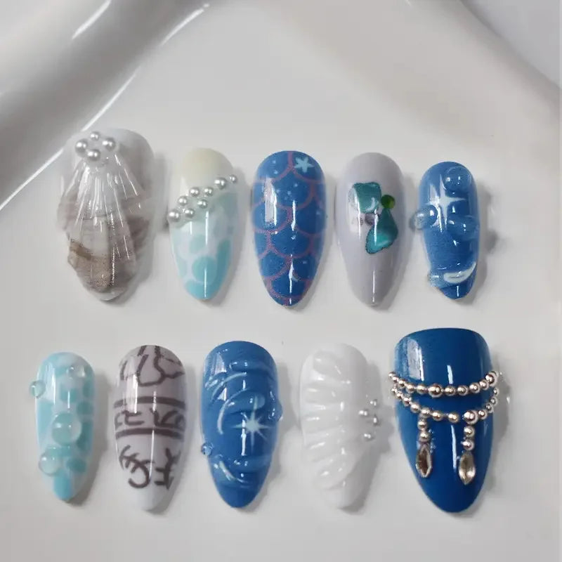 10pcs Handmade Press on Nails Cartoon Shark Pattern Design Fake Nails Wearable Detachable Ins Simple Almond Shaped False Nails
