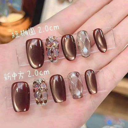 10pcs Press On Nails Lava Black Chocolate Maillard Check False Nail for Women&Girl Removable Wearable False Nail Art Daily Wear