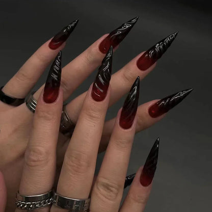 24pcs Blood Splatter Press-On Nails Set Almond-Shaped Long Length Glossy Finish Red and White Faux Nail Kit for Women Halloween
