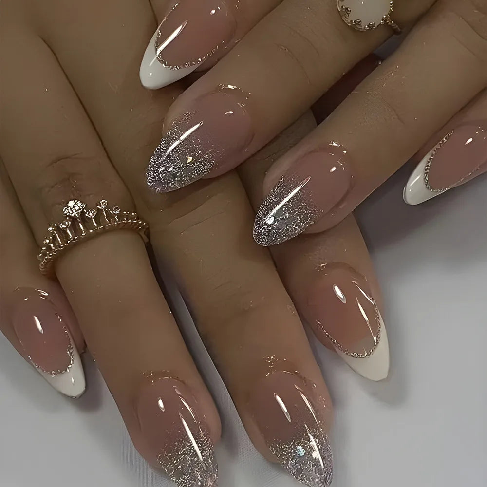 24Pcs Long Almond Fake Nails with White Edge Design Wearable French Press on False Nails Simple Full Cover Nail Tips Manicure