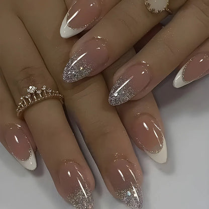 24Pcs Long Almond Fake Nails with White Edge Design Wearable French Press on False Nails Simple Full Cover Nail Tips Manicure