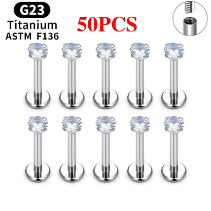 10/50PCS G23 Ttianium Piercing Labret Lip Stud Ring CZ 16G Internal Thread Stud Earring Ear Tragus Cartilage Helix Daith Jewelry