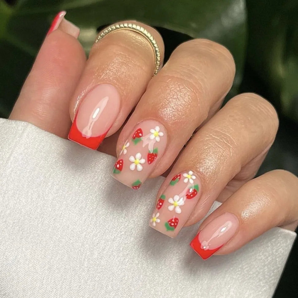 24Pcs Short Square Head Fake Nails with Glue Colorful Flower Design Press on False Nails Wearable Finished Full Cover Nail Tips