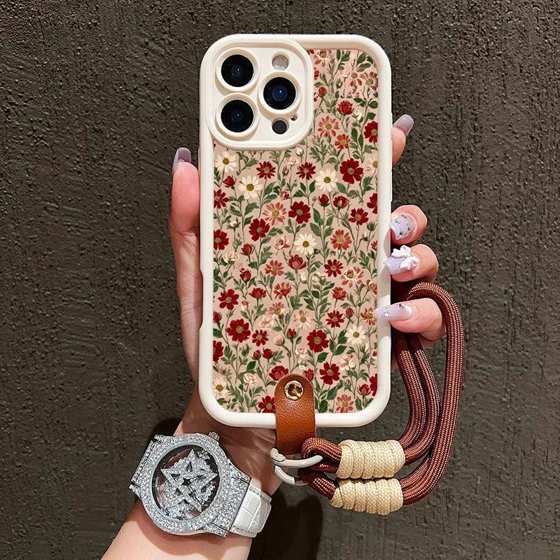 Cute Flower Pattern Lanyard Strap Rope Phone Case For iPhone 16 17 Pro Max 11 12 13 14 15 16E XS X XR 7 Plus Silicone Soft Cover