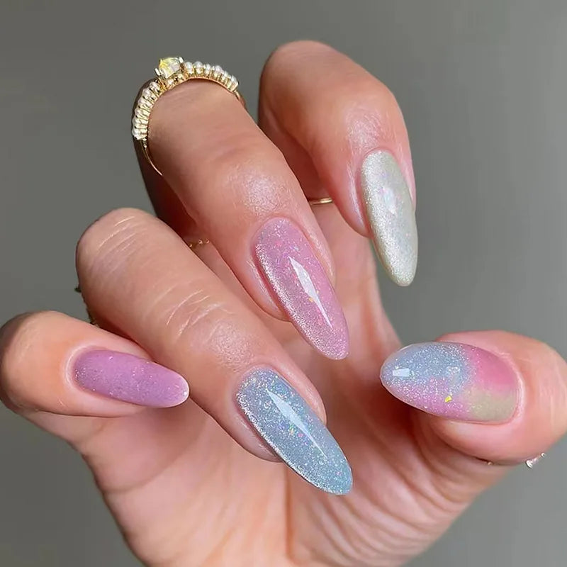 24pcs/set short medium fake nails shinny sparkling glitter square ballet nail tips starry star cat eyes press on false nail art