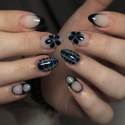 24pcs Smudging Flower Press On Nails Wave Point Designs French Style Almond False Nails Y2k Sweet Cool Fake Nail For Spicy Girls