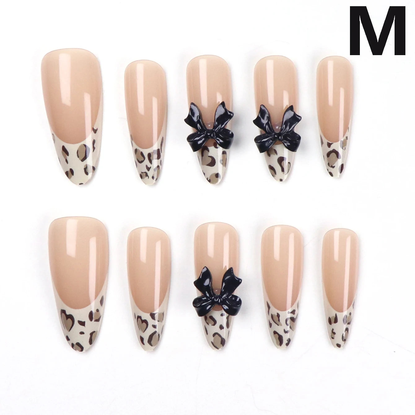 10pcs-XS/S/M French Almond Press on Nails Leopard Print False Nails 3D Bow Wearable Stick-on Nails Fake Nail
