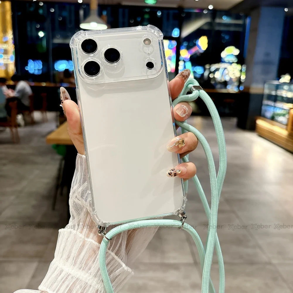 Shockproof Clear Soft Bumper Case For iPhone 17 16 15 14 Pro Max Plus Crossbody Lanyard Necklace Strap Cord Nylon Rope Cover
