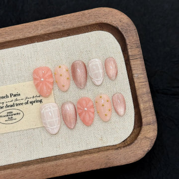 10 PCS Luxury Handmade Press on Nails Short  Almond Ice flower Cat's eye Design with 3-PIECE Tool Adhesive Nail Glue Tabs