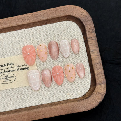 10 PCS Luxury Handmade Press on Nails Short  Almond Ice flower Cat's eye Design with 3-PIECE Tool Adhesive Nail Glue Tabs