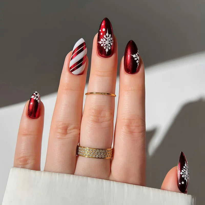 24pcs Christmas Snowflake Almond False Nails Art Wearable Glitter Red Full Cover Nail Tip with Stripe Design Press on Fake Nails