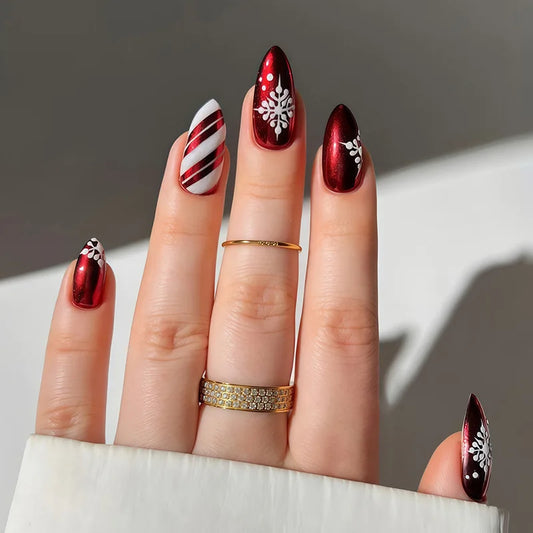24pcs Christmas Snowflake Almond False Nails Art Wearable Glitter Red Full Cover Nail Tip with Stripe Design Press on Fake Nails