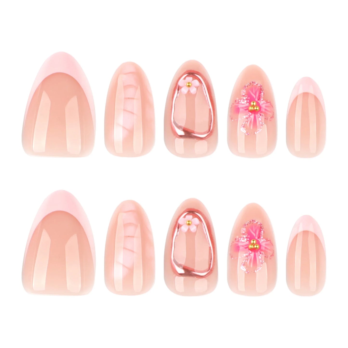 24pcs French Almond Press on Nails Flower False Nails Wearable Stick-on Nails Fake Nail Uñas Postizas Mujer Накладные Ногти 네일팁