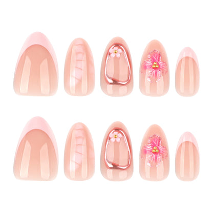 24pcs French Almond Press on Nails Flower False Nails Wearable Stick-on Nails Fake Nail Uñas Postizas Mujer Накладные Ногти 네일팁