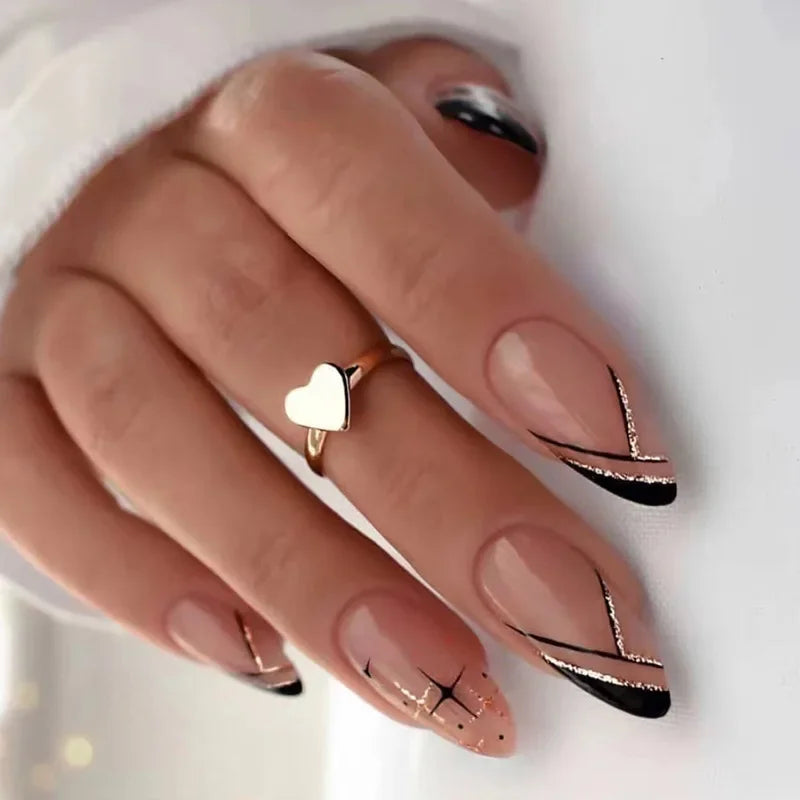 24Pcs Almond False Nails with Leopard Print Designs Long Stiletto French Press on Nails Wearable Spike Full Cover Fake Nail Tips
