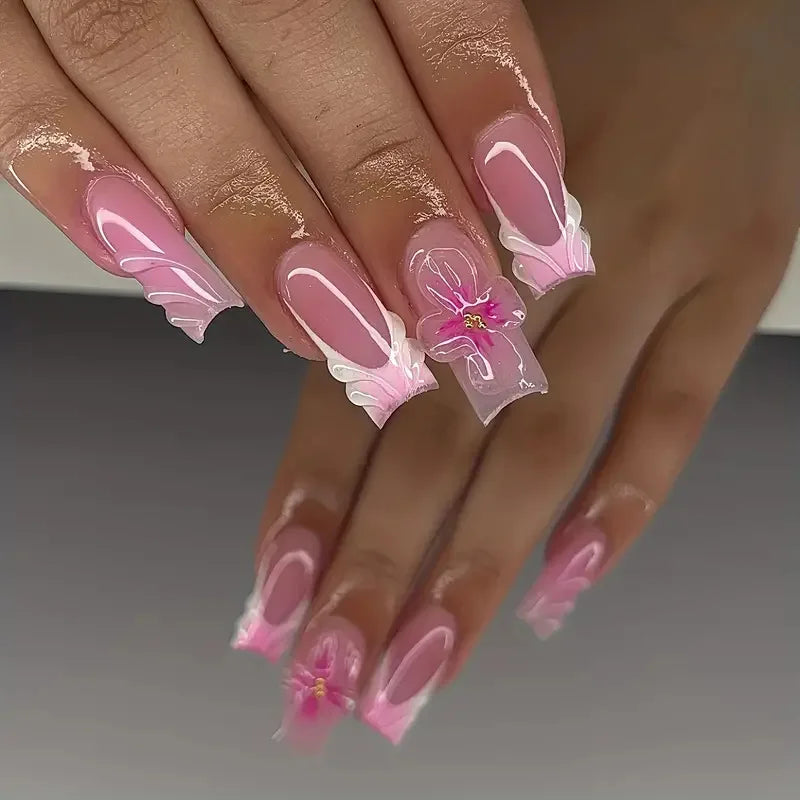 24pcs Mid-length Press on Nails Pink French Full Cover Flower Design Fake Nail Reusable Pearl False Nail with Jelly Glue Nails