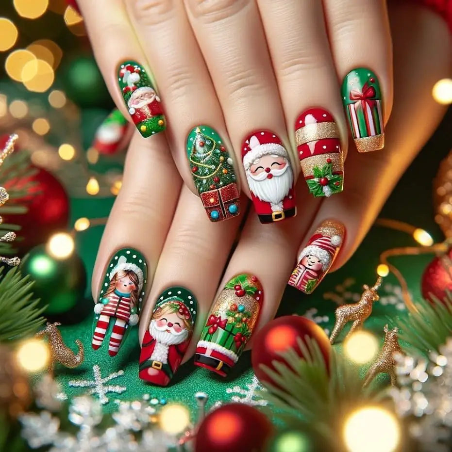 Medium long fake nails for Christmas party Cute snowman Santa Claus gift snowflake square almond tips Press on false nail art