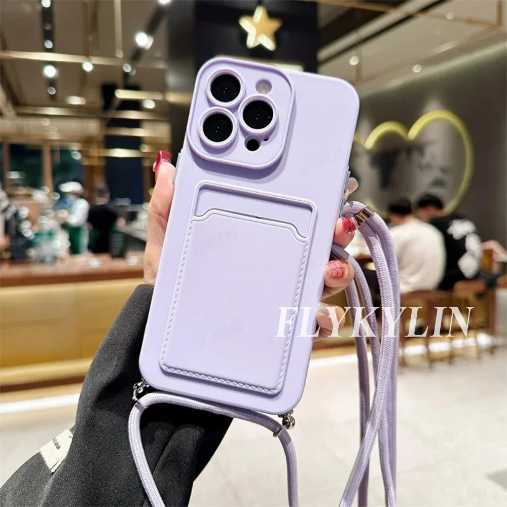 Flat Rope Solid Color Card Bag Phone Case For Xiaomi Redmi Note 14 13 12 Pro 11 10 Pro Plus 11S 10S Hanging Rope Soft Silicone