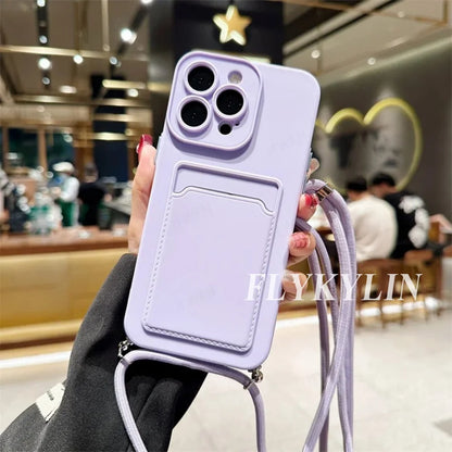 Flat Rope Solid Color Card Bag Phone Case For Xiaomi Redmi Note 14 13 12 Pro 11 10 Pro Plus 11S 10S Hanging Rope Soft Silicone