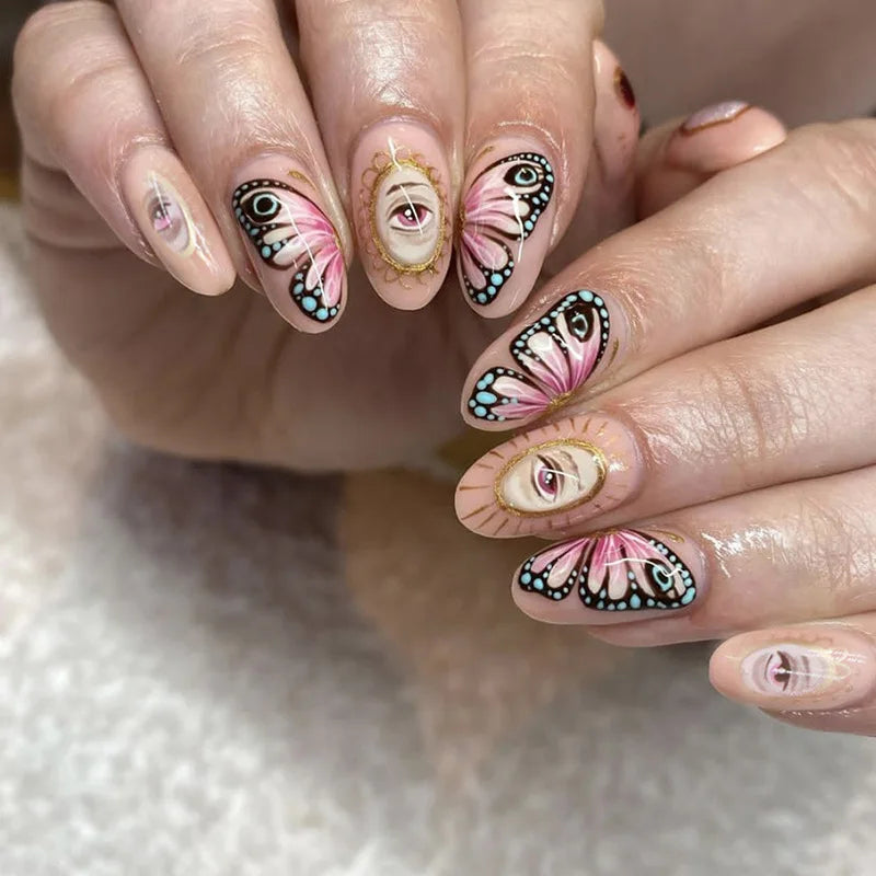 24Pcs Simple Green French False Nails Short Almond Fake Nails with Wave Line Design Wearable Round Head Press on Nail Tips