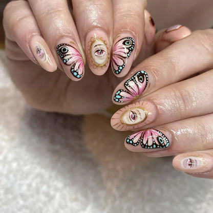 24Pcs Simple Green French False Nails Short Almond Fake Nails with Wave Line Design Wearable Round Head Press on Nail Tips