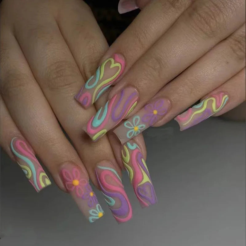 24pcs Press on Nails Flower Design Mid-length Ballet False Nail Fashion Brown Full Cover Manicure Tips Datachable Fake Nails Set