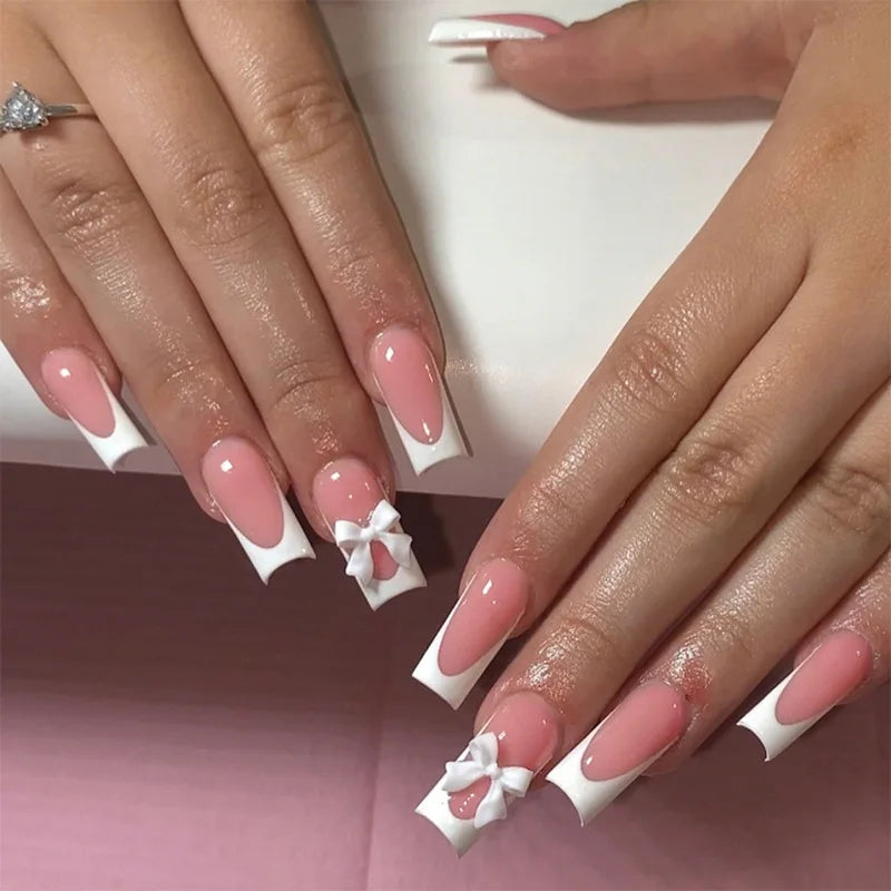 White French Press on Nails 3D Bowknot Fake Nails Tips Full Cover Wearable False Nails for Women and Girls DIY Manicure 24Pcs