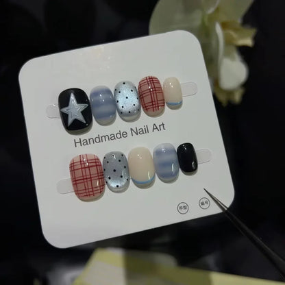 10pcs Short Oval Shaped Press-On Nails - Color Block Stripes & Star Designs Glossy Mix-and-Match False Nails for Women and Girls