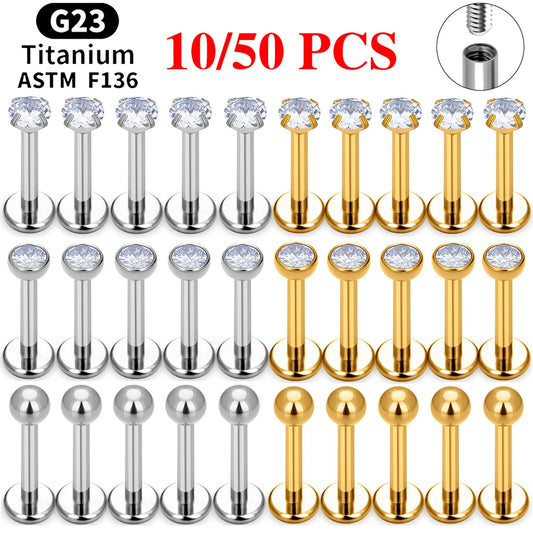 10/50PCS G23 Ttianium Piercing Labret Lip Stud Ring CZ 16G Internal Thread Stud Earring Ear Tragus Cartilage Helix Daith Jewelry