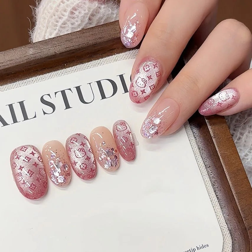 10PCS Summer BrownThe Polka Dot Cat's Eye Short Nail Art Hello Kitty Cute Notes Handmade Acrylic Fake Nail Gift