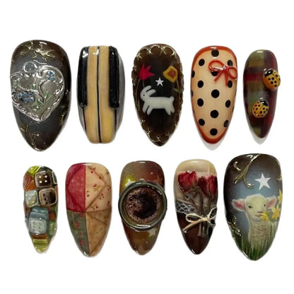 24pcs Vintage Country Style False Nails Cute Cartoon Little Lamb Rabbit Rose Printed Press On Nails Wave Point Bows Fake Nail