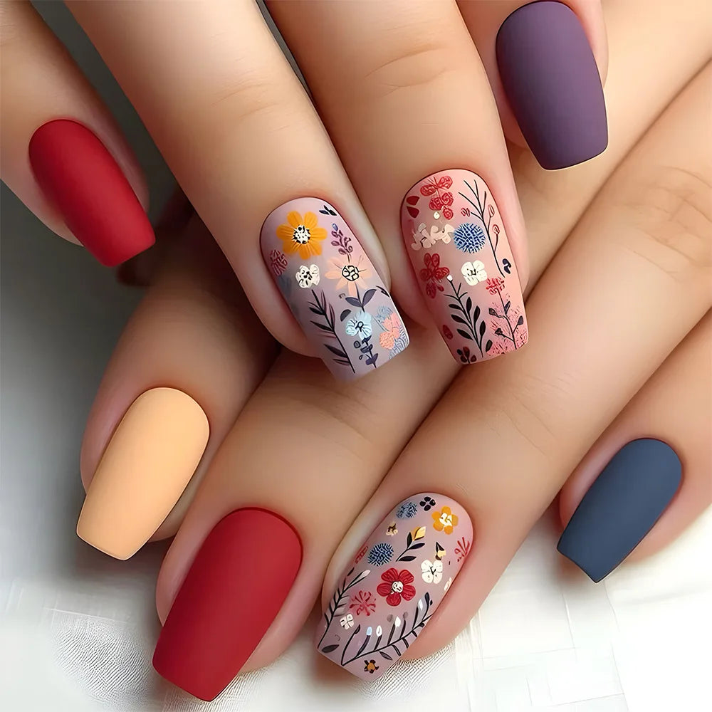 24Pcs White French Fake Nails with Glitter Rose Pattern Press on False Nails Gold Edge Line Design Artificial Nail Tips Art Long