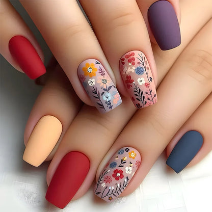 24Pcs White French Fake Nails with Glitter Rose Pattern Press on False Nails Gold Edge Line Design Artificial Nail Tips Art Long