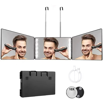 S Travel Portable 360 Trifold Vanity Makeup Mirror with Height Adjustable Telescoping Hook for Hair Self Cutting Fordable Mirror
