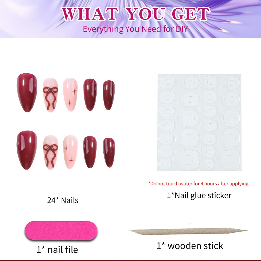 24Pcs 3d gelnails makes bow design French tip Press on Nails almond design Fit Perfectly Acrylic False Nails set,Include: 1pcs J