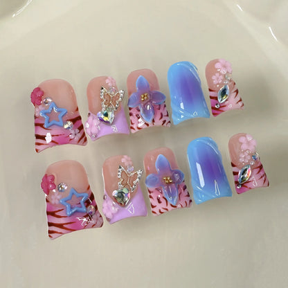 10pcs Pink Duckbill Handmade Press on Nails Art Simple White French Short Fake Nail Wearable Rhinestones Design False Nails Tips
