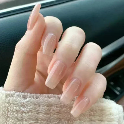 24pcs/Box Long Coffin False Nails Art Rose with Glue Wearable Nude Pink White Color Jelly Nails Tips Full Cover Press on Nails
