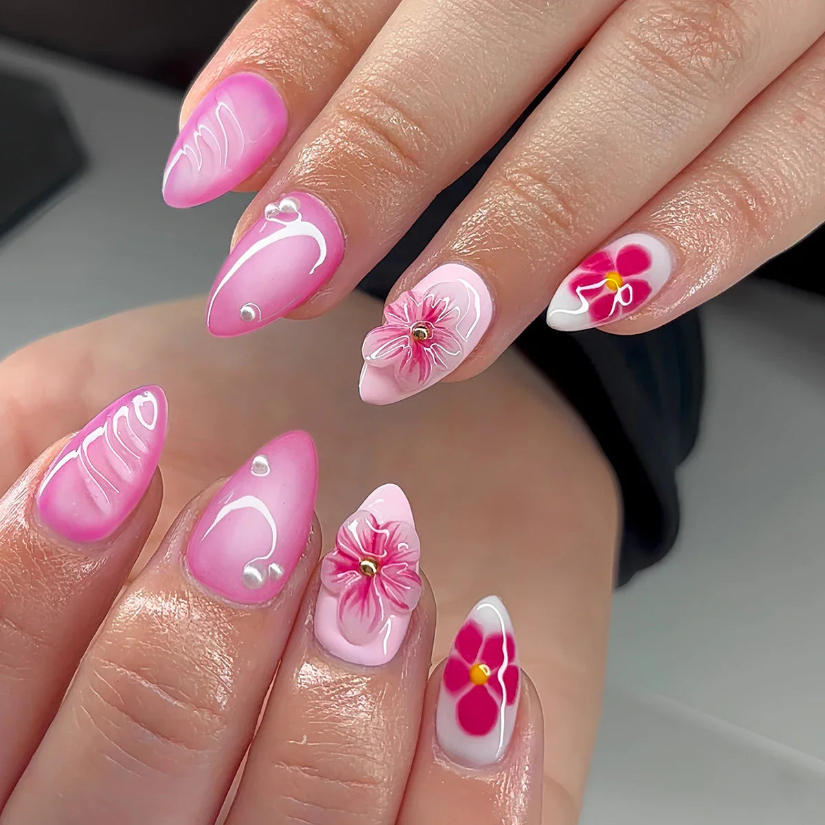 24pcs Pink Flower Almond Press on Nails Simple Fake Nails False Nails Artificial Tip Накладные Ногти Uñas Postizas Mujer 네일팁