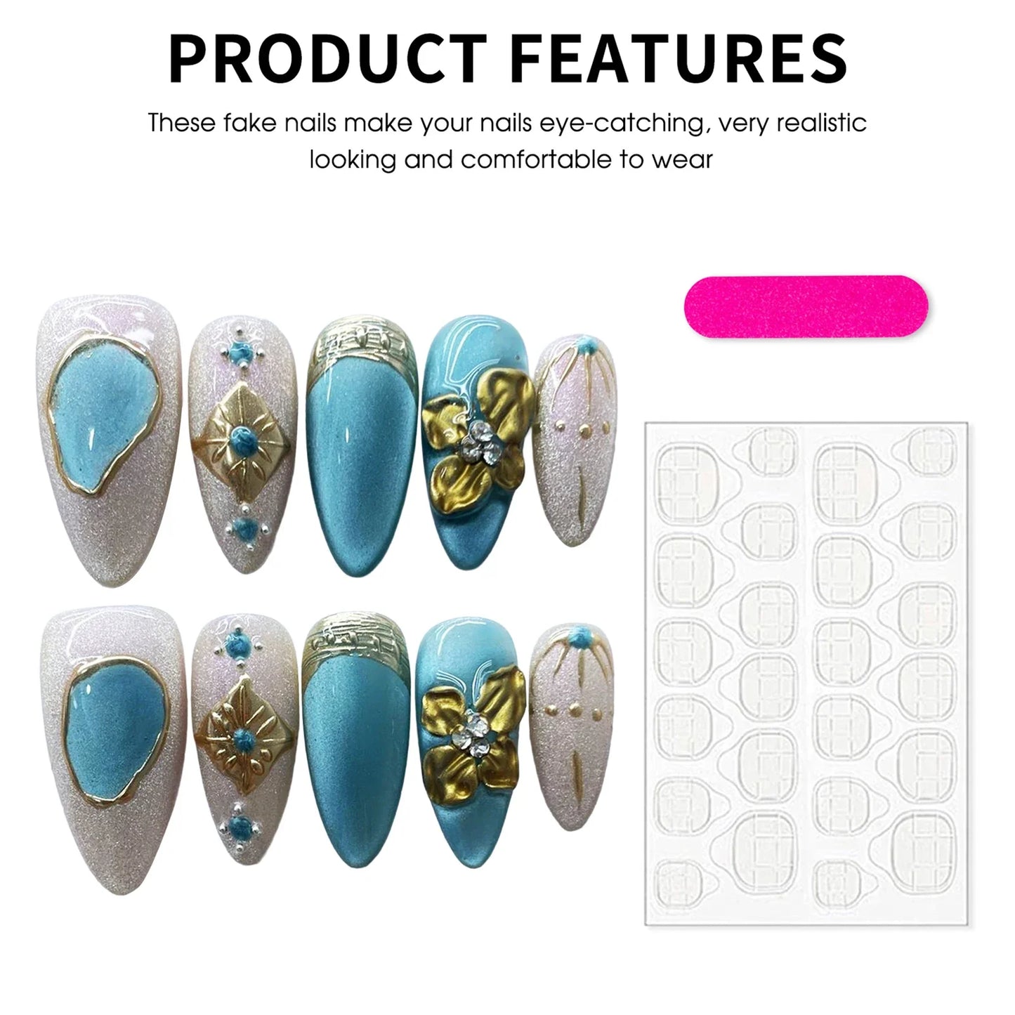 10PCS Handmade Almond Fake Nails With Carved 3D Floral Cat Eyes Pearl Brown Fake Nails Long Oval False Nail Wearable
