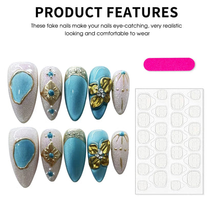 10PCS Handmade Almond Fake Nails With Carved 3D Floral Cat Eyes Pearl Brown Fake Nails Long Oval False Nail Wearable