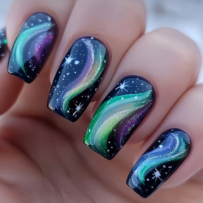 Medium fake nails for women gilrs gradient blue pink starry sky star moon Y2K design Almond nail tips press on false nail set