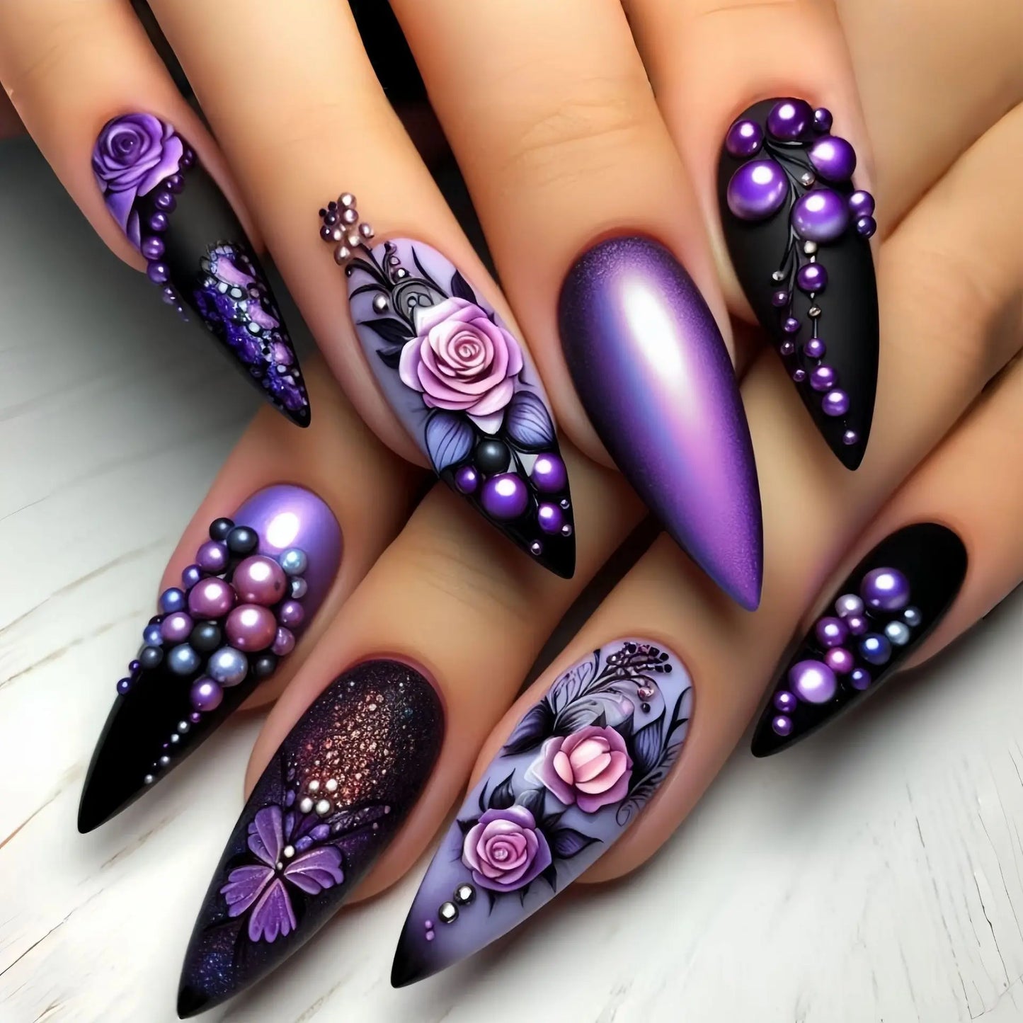 Medium Square Almond Shaped Wearable Fake Nails Autumn Winter Black Golden Purple Green Butterfly Flower tips press on nails