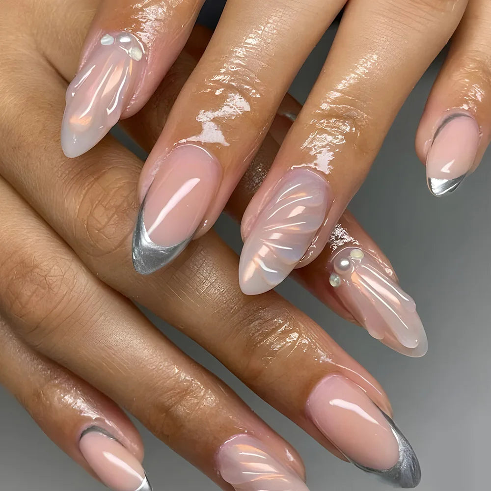 24pcs Cute False Nail Ocean Creature Pattern Stick on Nails Yellow French Short Almond Fake Nail Flower Design Press on Nails