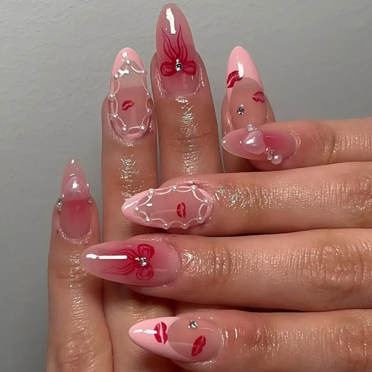 24PCS Wine Red Almond Press on Nails Cartoon Rabbit Bowknot with Plaid Pearl Designs French Fake Nails for Girls Detachable Nail