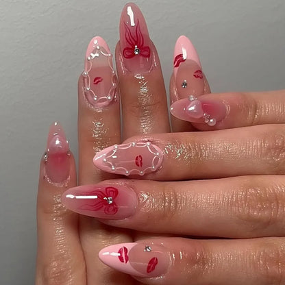 24PCS Wine Red Almond Press on Nails Cartoon Rabbit Bowknot with Plaid Pearl Designs French Fake Nails for Girls Detachable Nail