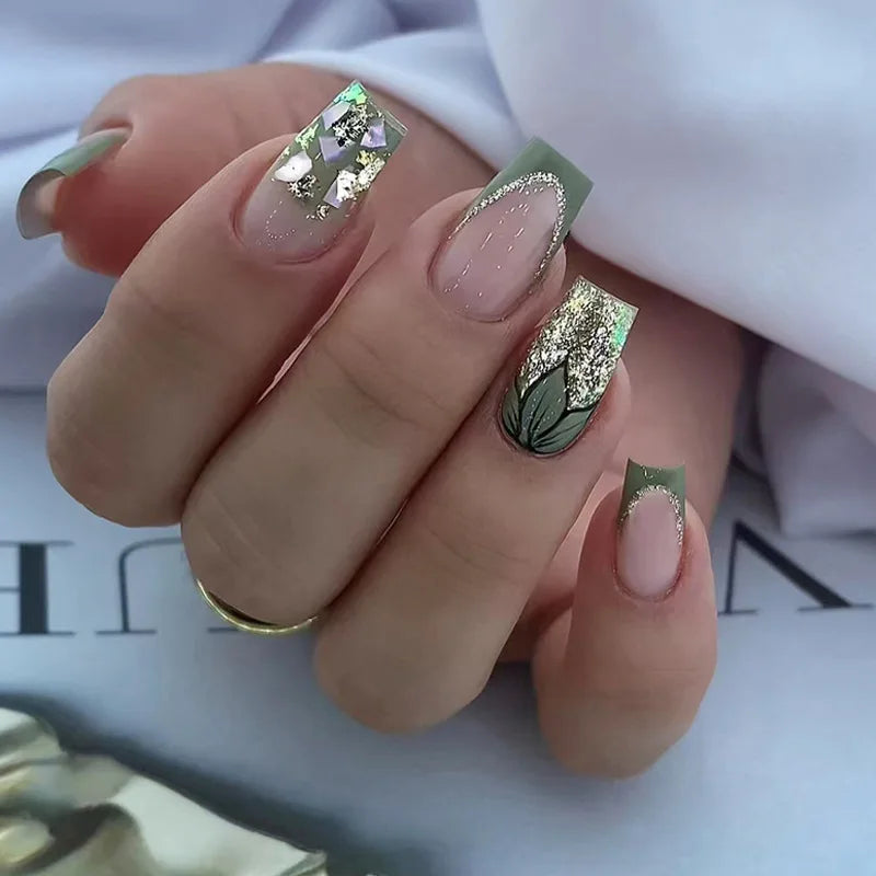 24pcs Press on Nails Flower Design Mid-length Ballet False Nail Fashion Brown Full Cover Manicure Tips Datachable Fake Nails Set