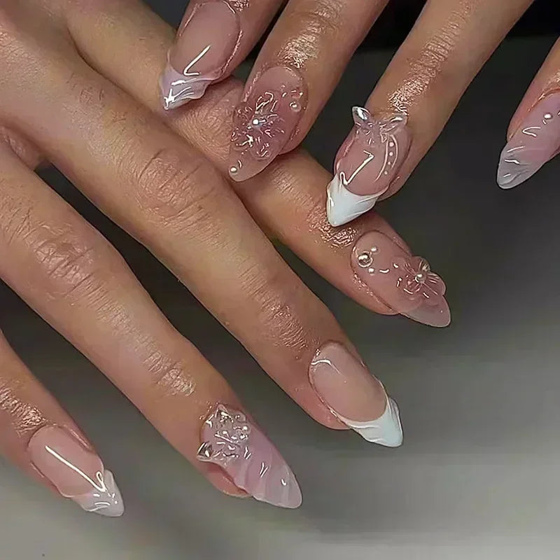 24Pcs Pink Almond False Nails Sweet Summer Fake Nail Cute Flowers Pearl Nails Press Ons Colorful Monet Press on Nails for Girls