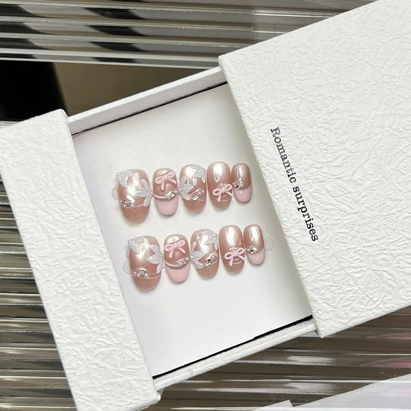 10pcs Handmade Pink Press on Nails Sweet Bow Design Round Head Fake Nail Tips Wearable Reusable Shiny Cat Eye Korean False Nails