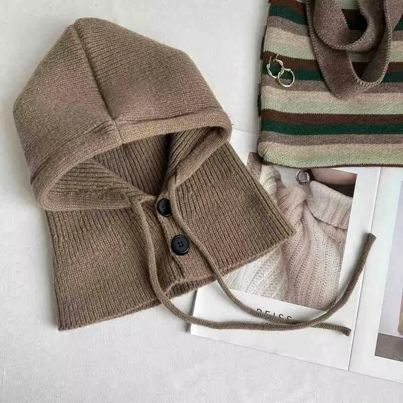 Knitted Hooded Scarf Hat Knit Balaclava Korean Outdoor Style Warm hooded scarf with adjustable drawstring
