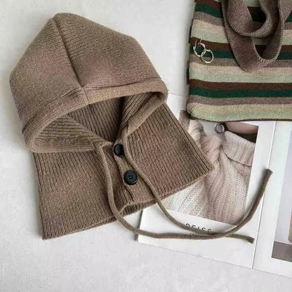 Knitted Hooded Scarf Hat Knit Balaclava Korean Outdoor Style Warm hooded scarf with adjustable drawstring